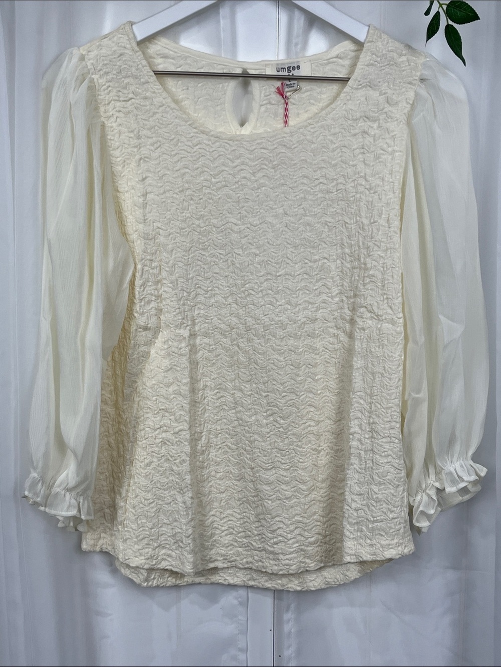 Umgee Womens Gauzy Top L Cream Sheer Balloon Sleeves w/Ruffle Cuff Cotton NWT